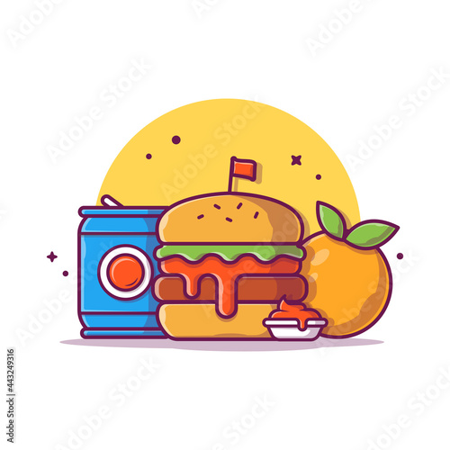 Burger with Soda, Ketchup, and Orange Fruit Cartoon Vector Icon Illustration. Food Object Icon Concept Isolated Premium Vector. Flat Cartoon Style