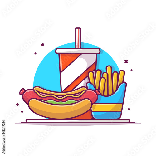 Hotdog, French fries And Soft Drink Cartoon Vector Icon Illustration. Food Object Icon Concept Isolated Premium Vector. Flat Cartoon Style