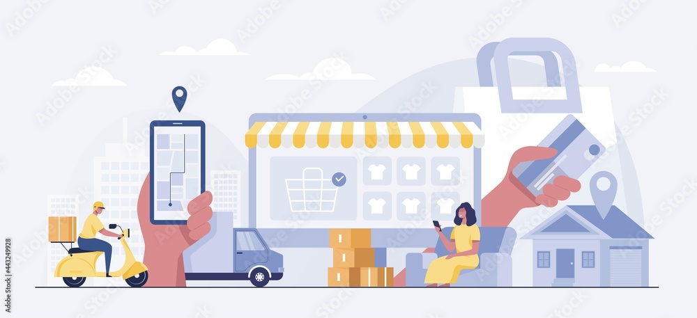 Women shopping online concept. customers buying and making payments with smartphones. Fast delivery package with delivery man by scooter. Vector Illustration