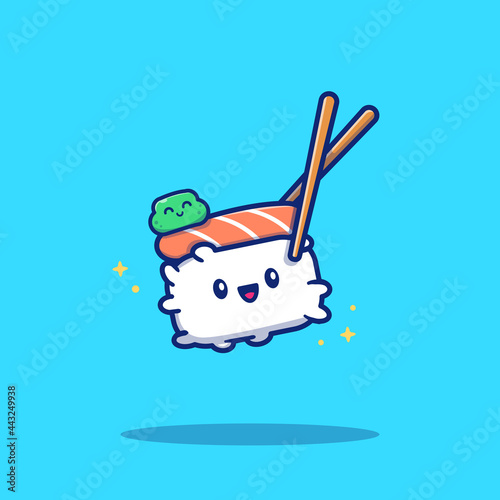Cute Sushi With Chopstick Cartoon Vector Icon Illustration. Sushi Food Icon Concept Isolated Premium Vector. Flat Cartoon Style