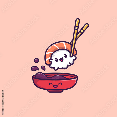Cute Sushi With Soy Sauce Cartoon Vector Icon Illustration. Sushi Food Icon Concept Isolated Premium Vector. Flat Cartoon Style