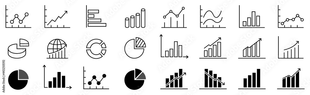 A set of charts and graphs related vector icons for your design. Graphics and statistics icons set. Collection of simple linear web icons, line charts, candlesticks, combined, bar charts, pie charts