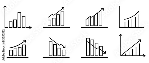 A set of charts and graphs related vector icons for your design. Graphics and statistics icons set. Collection of simple linear web icons, line charts, candlesticks, combined, bar charts, pie charts