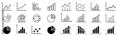 A set of charts and graphs related vector icons for your design. Graphics and statistics icons set. Collection of simple linear web icons, line charts, candlesticks, combined, bar charts, pie charts