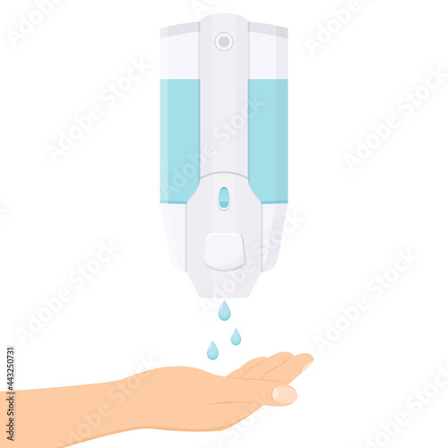 Hand wash. Hand sanitizer. Alcohol-based hand rub. Rubbing alcohol. Wall mounted soap dispenser. Wall hanging hand wash container. Protection from germs such as coronavirus, icon flat design