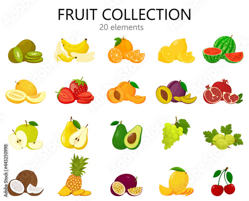 Set of fruits isolated on white. Fresh and bright fruits icons, flat style. Cute cartoon fruits collection , Vector illustration.