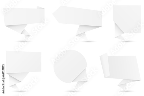 Abstract glossy white origami speech bubble. Set of 6 white paper origami speech bubbles, isolated on white background. Flat design