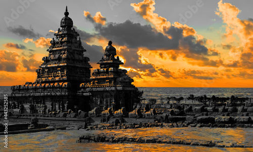 Mamallapuram Sea Shore Temple Photo Double Exposure Background Insert and Edited, Creative Editing With Vibrant Colorful background, Rare Collection Images, Best For Wallpaper and Magazine Front Cover photo