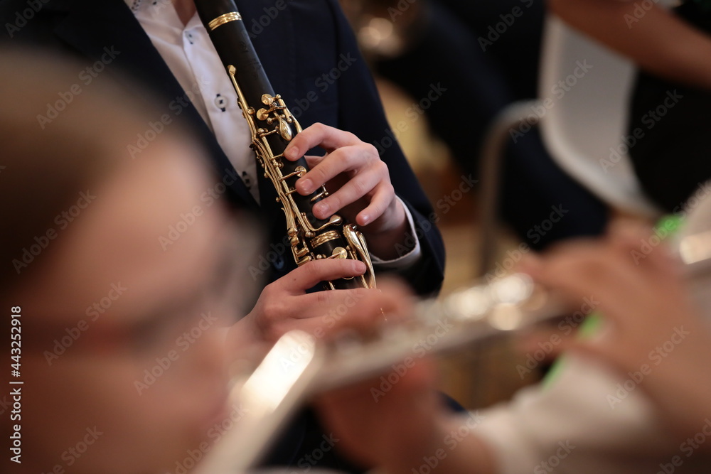 Obraz premium A Group Of Students Of Young Musicians Clarinet Flute In The Classroom Of The School Orchestra. Background Music