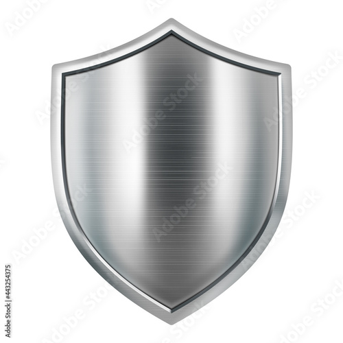 Metal shield. Medieval armor. Icon protection and security. 3d realistic vector, Isolated on white background.