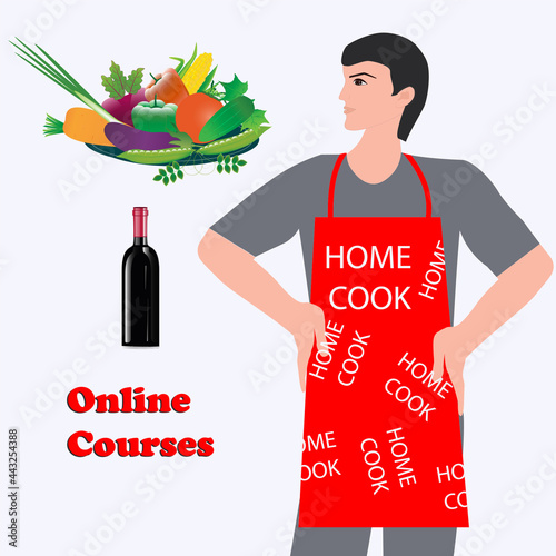 Dish with vegetables, bottle of wine, man in apron - vector. Online cooking courses. Home kitchen.