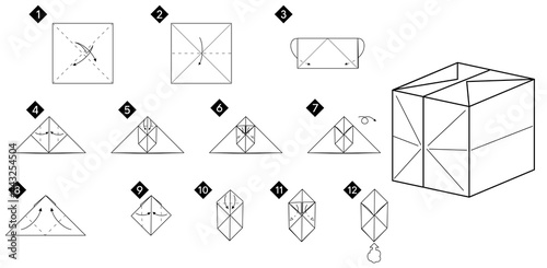 Step by step how to make origami 3d cube toy . Vector monochrome instructions illustration. Black and white paper DIY.