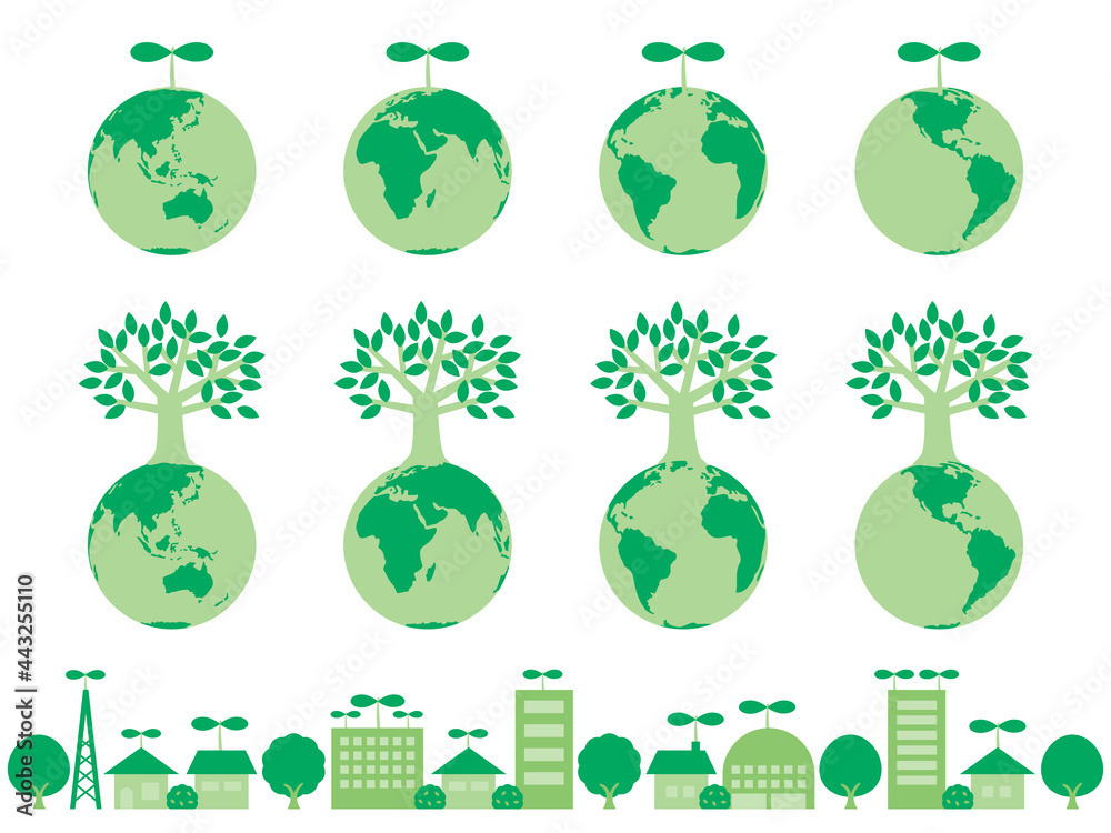 新芽や木が生えている緑の地球のイラストセット 自然保護やエコのイメージ Stock Vector Adobe Stock