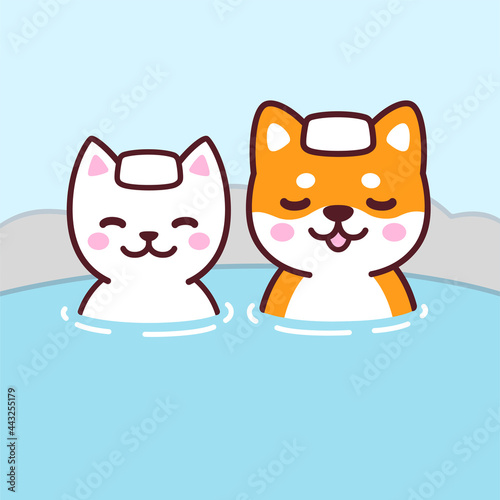 Cute cartoon cat and dog in Japanese Onsen