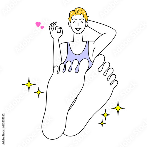 スキンケア 足の裏のお肌トラブルが治り喜んでいる可愛い男性 足裏のアップ イラスト ベクター