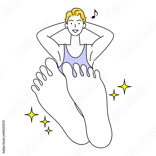 スキンケア 足の裏のお肌トラブルが治り喜んでいる可愛い男性 足裏のアップ イラスト ベクター