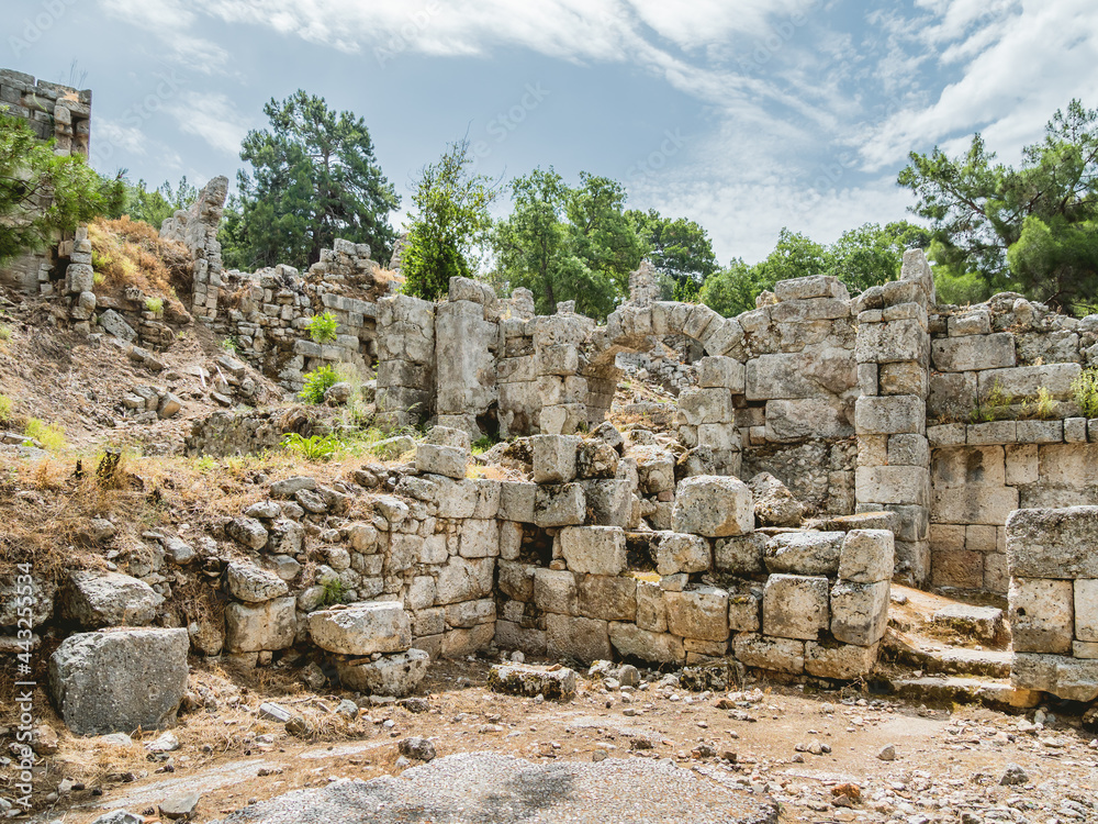 Ruins of large bath of ancient Phaselis city. Famous architectural landmark, Kemer district, Antalya province. Turkey.