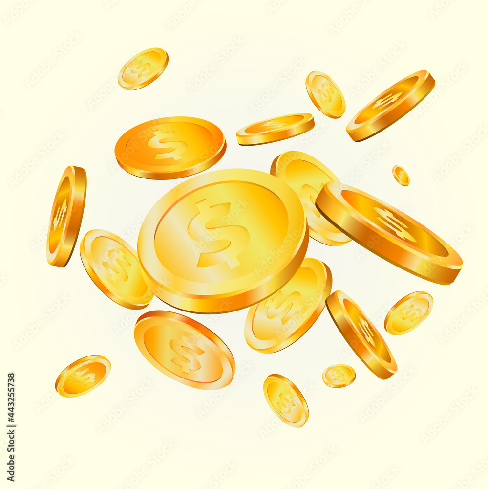 Shiny realistic gold coins explosion. Casino gold coin falling money vector concept illustration