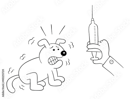 Cartoon dog is scared when it sees the syringe in veterinarian's hand, vector illustration