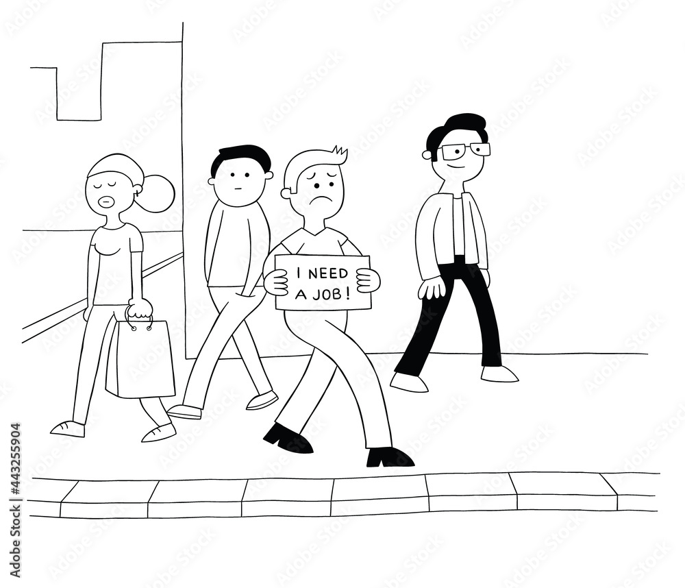 Cartoon man is unemployed and walking on the street holding a sign that says I need a job, vector illustration Cartoon man is unemployed and walking on the street holding a sign that says I need a job, vector illustration