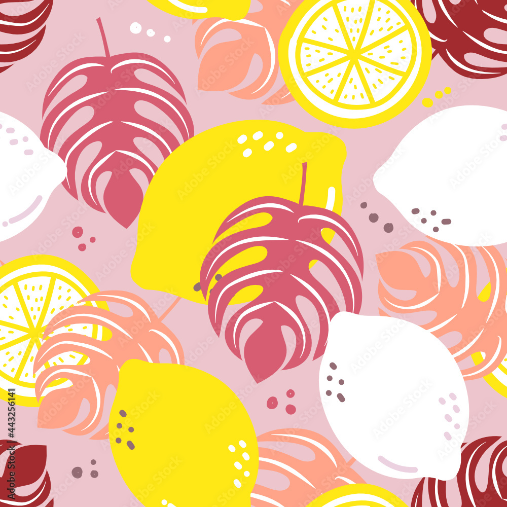 Seamless pattern lemon. Slices of citrus and leaf on pink pastel background