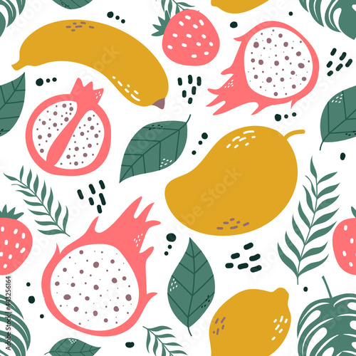 Seamless pattern fruits and leaf isolated on white backgroud. Mango, Dragon fruit, Strawberry, Banana, Lemon, Pomegranate. Vector illustration.