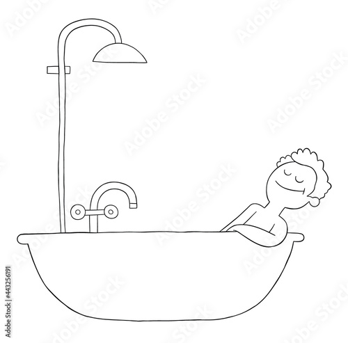 Cartoon man takes a bath in the tub and is very happy, vector illustration