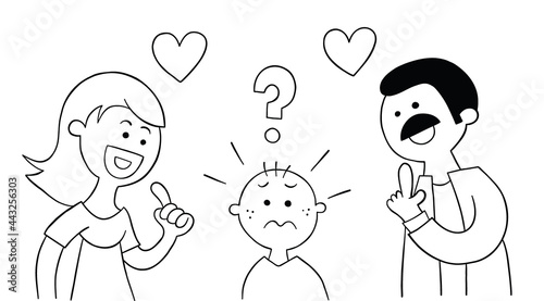 Cartoon mom and dad ask their kid which he likes more and kid is very confused, vector illustration
