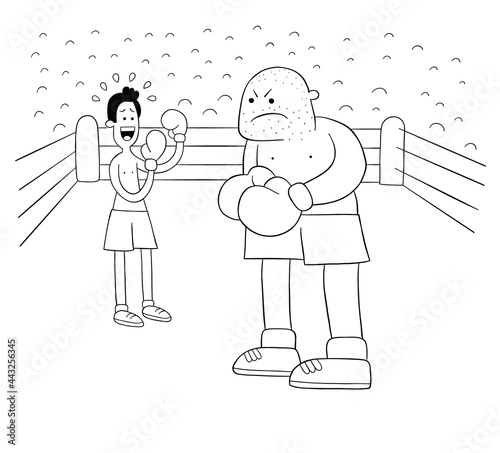 Cartoon boxing match, weak and strong boxer in the ring, vector illustration