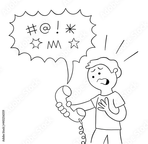 Cartoon bad words are spoken to the man on the phone, swearing, vector illustration