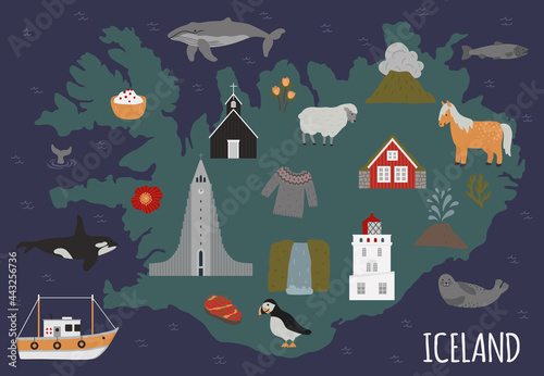 Iceland cute map vector illustration Reykjavik