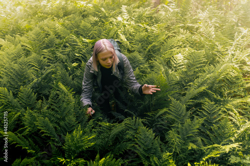 teenage girl sneaks between ferns in a shady forest among ferns © Evgeny