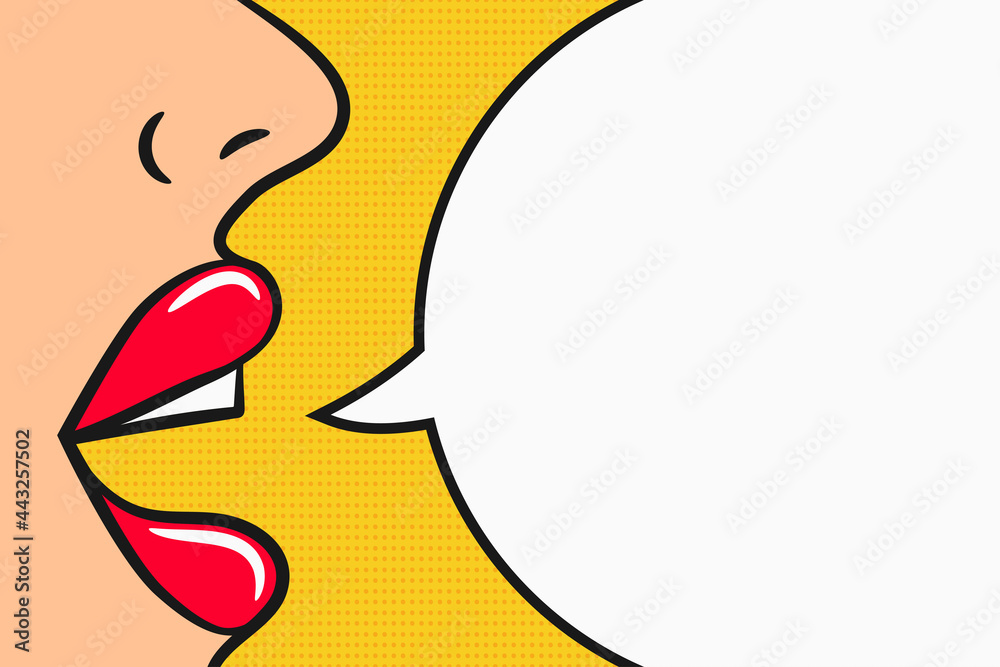 Girl says information with comic speech bubble. Pop art style illustration. Concept of advertisement, announcement of information and attraction of attention. Vector illustration. - obrazy, fototapety, plakaty 