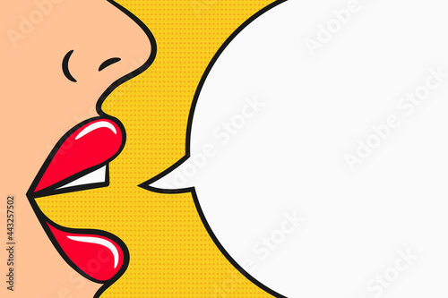 Girl says information with comic speech bubble. Pop art style illustration. Concept of advertisement, announcement of information and attraction of attention. Vector illustration.