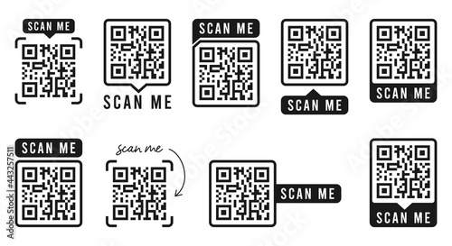 QR code set. Template of frames with text - scan me and QR code for smartphone, mobile app, payment and discounts. Quick Response codes. Vector illustration.