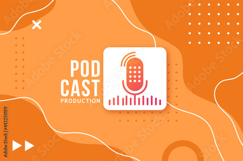 Abstract banner for a podcast. Studio microphone button on a bright orange background in memphis style. Vector design template.