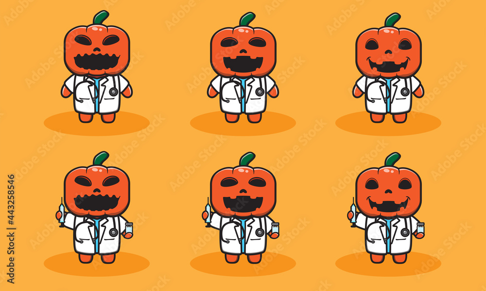 Fototapeta premium Vector illustration of cute Pumpkin Halloween cartoon with Doctor Costume. Good for icon, logo, label, sticker, clipart.