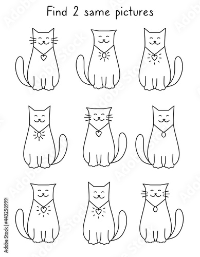 Find two same pictures of cute cats. Cartoon funny pets for coloring. Educational activity game for kids. Find the 2 identical doodle cats. Contour black-white drawing. Hand drawn vector illustration.
