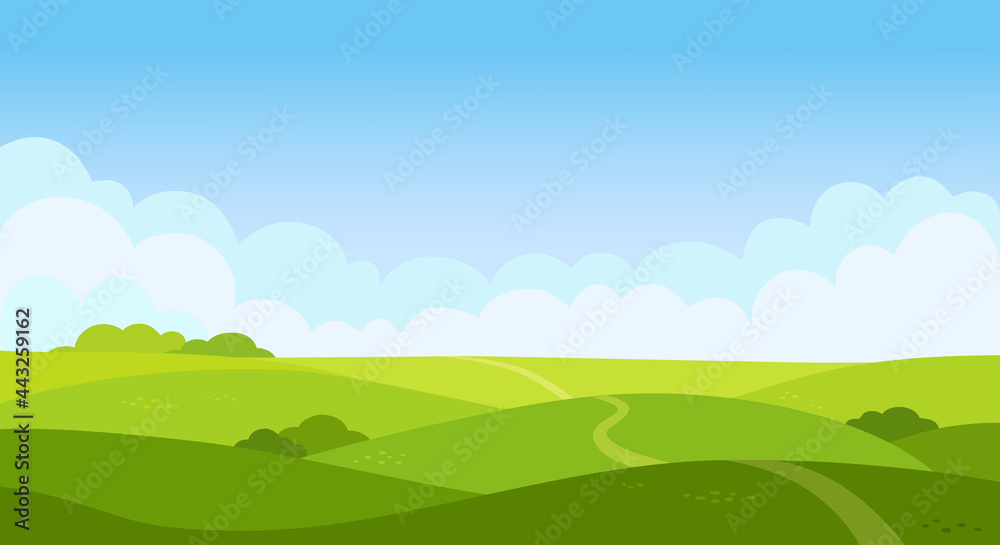 Valley landscape in flat style. Cartoon meadow landscape with grass. Blue sky with white clouds. Empty green field with trees and road. Summer day. Green hills background, empty glade template. Vector
