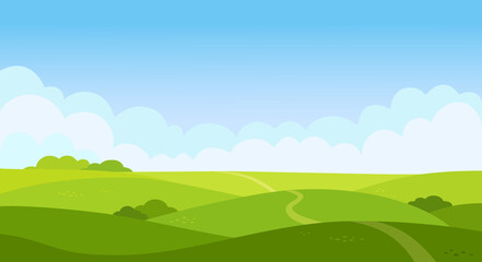 Acrylglasbilder Blau Valley landscape in flat style. Cartoon meadow landscape with grass. Blue sky with white clouds. Empty green field with trees and road. Summer day. Green hills background, empty glade template. Vector  © Anna