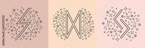 Witch and Magic Collection with moon, triple moon goddess, voodoo doll, crystal, snake, and sun symbols