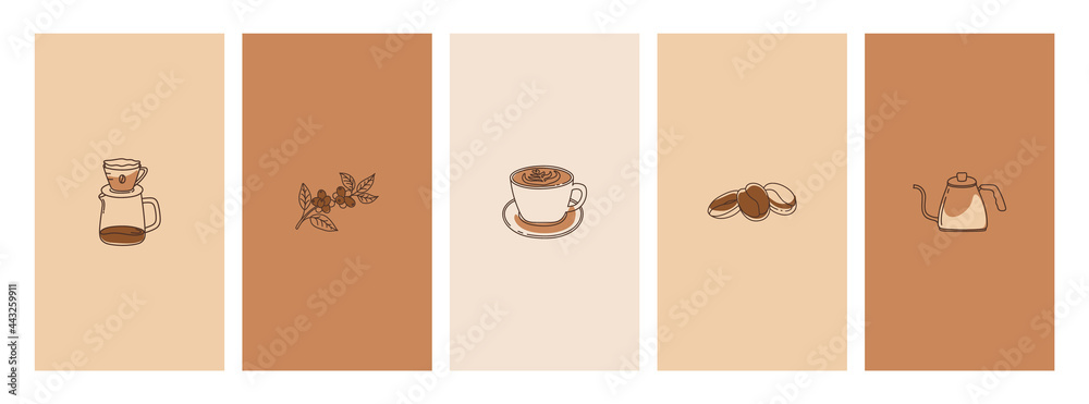 Set of abstract creative backgrounds coffee linear icons. Vector design templates for social media stories.