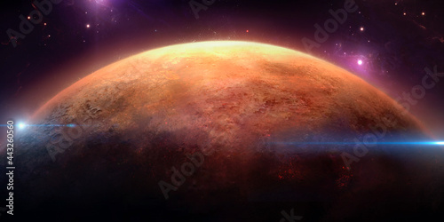 Fototapeta Naklejka Na Ścianę i Meble -  Image of the planet on the background of stars and nebula and light glare