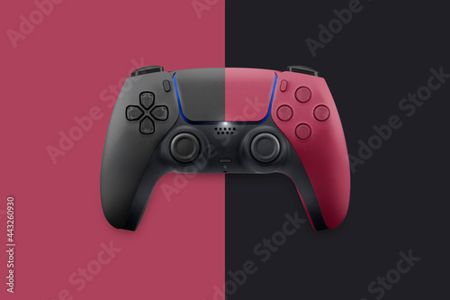 Next generation game controller isolated on background. Half and half white and red. Top view.