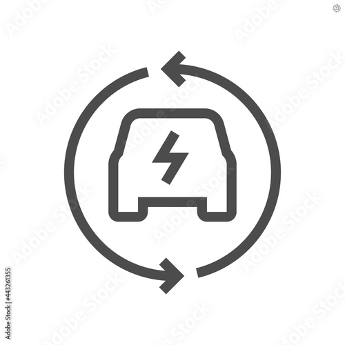 Electric vehicle (EV) vector icon. Consist of car, electrical, arrow. That charge, recharge to supply green power energy from charger to rechargeable battery. concept for transportation. 48x48 pixel.