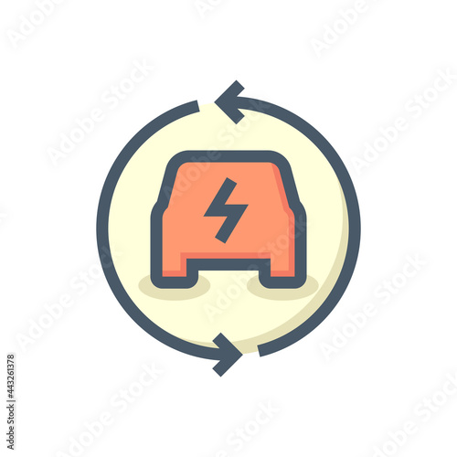 Electric vehicle (EV) vector icon. Consist of car, electrical, arrow. That charge, recharge to supply green power energy from charger to rechargeable battery. concept for transportation. 48x48 pixel.