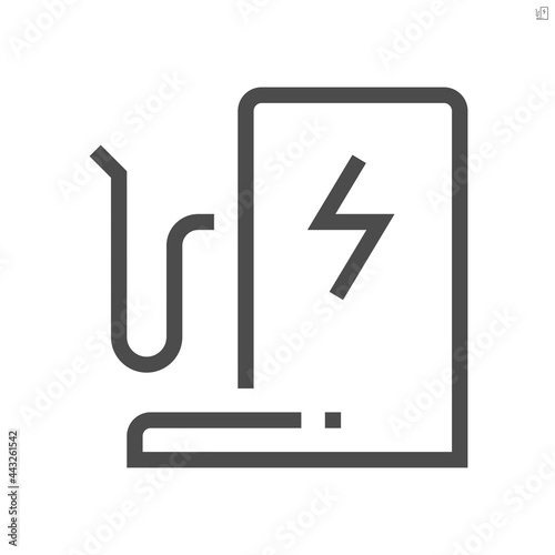 Electric car or vehicle charging point vector icon. Consist of cable, plug or connector, parking floor standing for charge, recharge or supply electrical power energy to rechargeable battery. 48x48 px