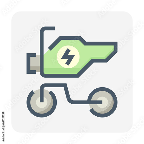 Motorcycles or scooters vector icon design. Also called moped, bike or motorbike. That electric vehicle (EV) consist of motor and battery for drive, transportation and travel by green energy. 48x48 px