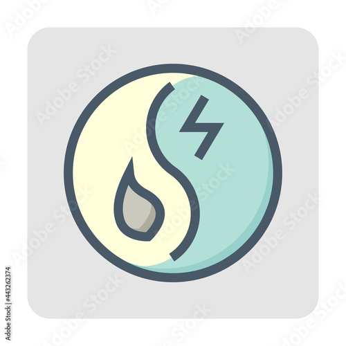 Hybrid energy vector design. That icon, sign or symbol consist of fuel and electrical inside round shape. To supply to engine and electric motor. Combine 2 power to propulsion car or vehicle. 48x48 px