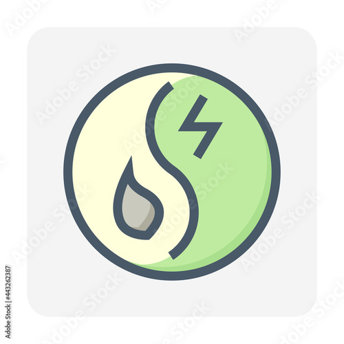 Hybrid energy vector design. That icon, sign or symbol consist of fuel and electrical inside round shape. To supply to engine and electric motor. Combine 2 power to propulsion car or vehicle. 48x48 px